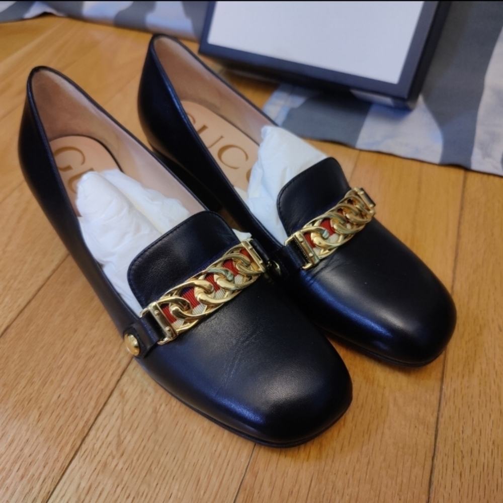 Gucci Sylvie Black Leather Loafers with Gold Chain Detail